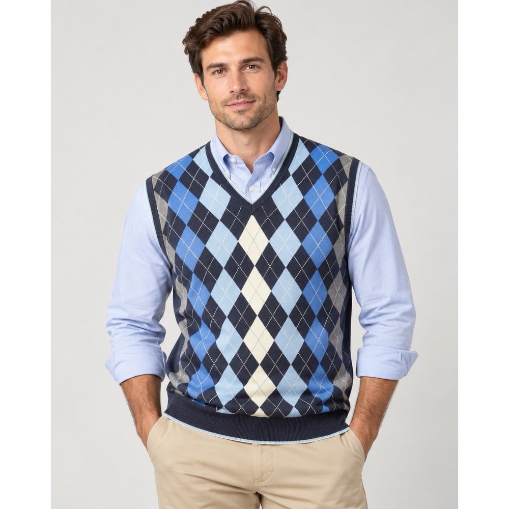 Brooks Brothers Mens XL Merino Wool Argyle Sweater Vest Navy Blue V-Neck NWT